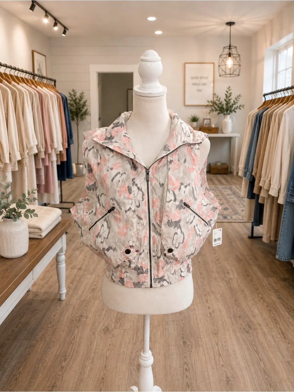 FP Movement Packable Floral Hooded Utility Vest NWT Size Small Ivory Pink